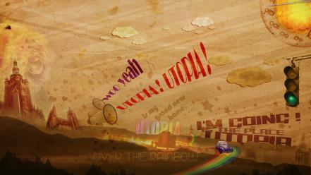 Vintage retro rainbows digital art utopia word wallpaper