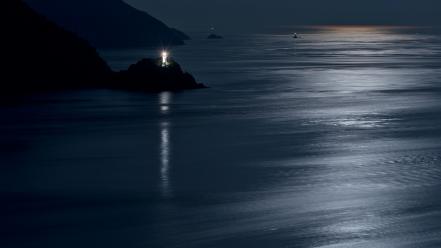 Water japan landscapes silhouettes rocks moonlight beacon sea wallpaper