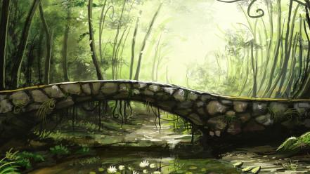 Landscapes bridges fantasy art rivers wallpaper