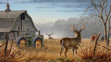 Tractors artwork pheasant barn white tail deer wallpaper