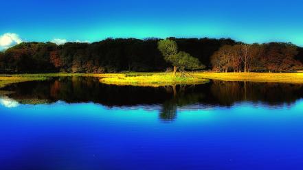 Water blue landscapes nature forest reflections perspective wallpaper