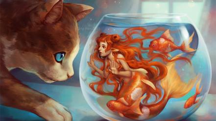 Animals redheads fish goldfish mermaids artwork bowls wallpaper