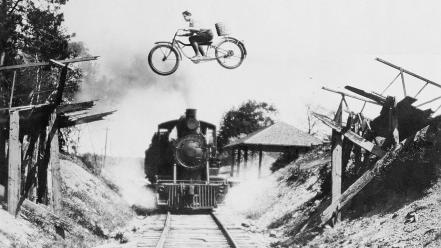 Black and white vintage bicycles trains monochrome wallpaper