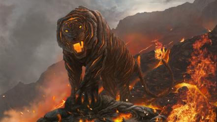 Fire tigers lava fantasy art the floor is wallpaper