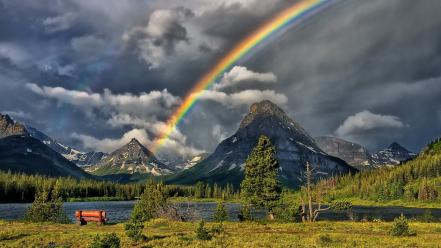 Montana bench clouds forests grass wallpaper