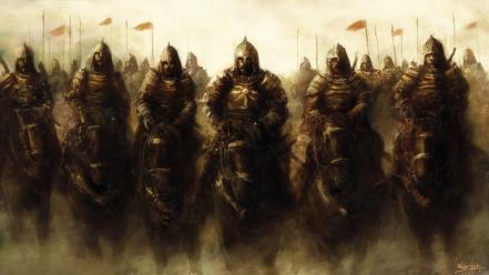 Fantasy sun knights art horses digital warriors wallpaper