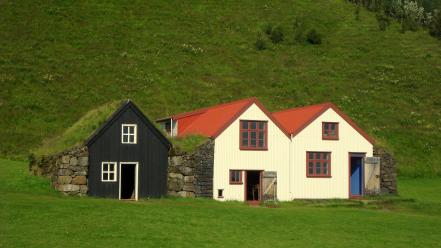 Iceland architecture buildings grass houses wallpaper