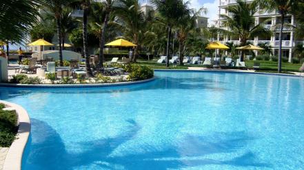 Paradise palm trees swimming pools hotel wallpaper