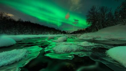 Snow aurora borealis rivers wallpaper