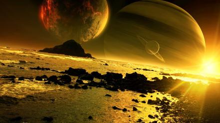 Space planets golden digital art science fiction wallpaper
