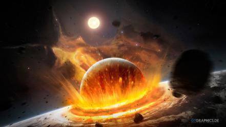 Stars explosions planets earth artwork impact collision wallpaper