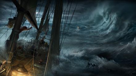 Storm ships digital art wallpaper