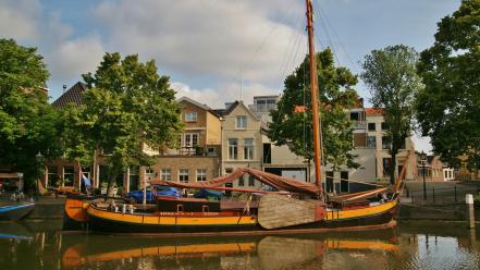 Harbor the netherlands boats houses trees wallpaper