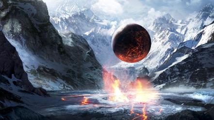 Mountains snow planets valleys fantasy art artwork hover wallpaper