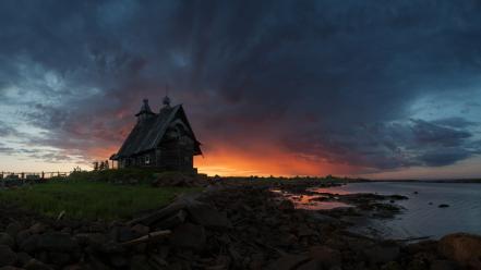 Sunset clouds landscapes grass rivers old church wallpaper