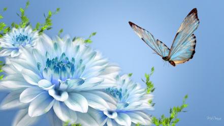 Blue flowers and butterfly wallpaper