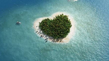 Boats hearts islands sea trees wallpaper