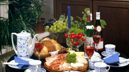 Food cheese bread grapes wine wallpaper