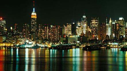 New york city cities lights skyline water wallpaper