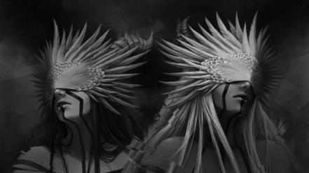 Twins feathers fantasy art grayscale masks artwork wallpaper