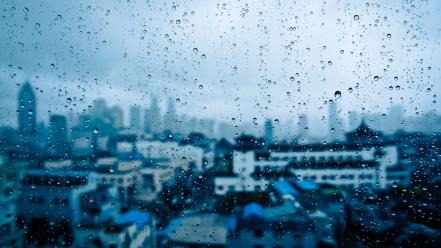 Water rain glass window panes cities drops wallpaper