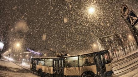 Winter snow cityscapes streets night russia bus roads wallpaper