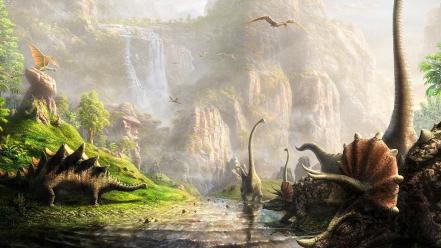 Dinosaurs streams digital art waterfalls land prehistoric wallpaper