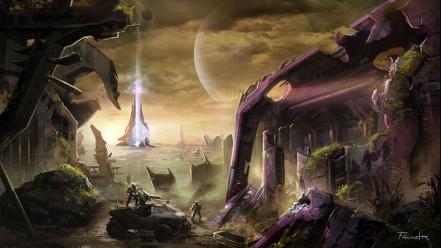 Futuristic planets halo science fiction artwork forerunner wallpaper