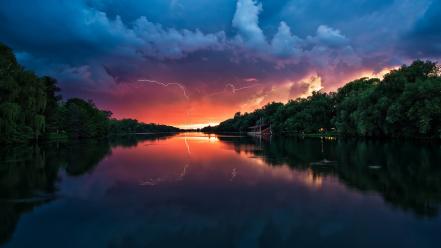 Sunset nature forest lakes lightning view wallpaper