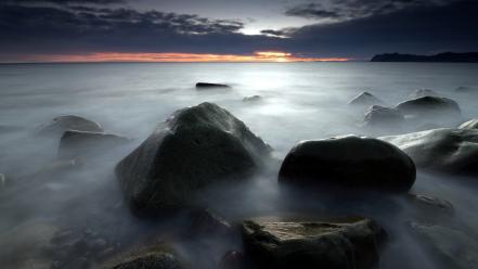 Water sunset ocean landscapes earth rocks fog mist wallpaper