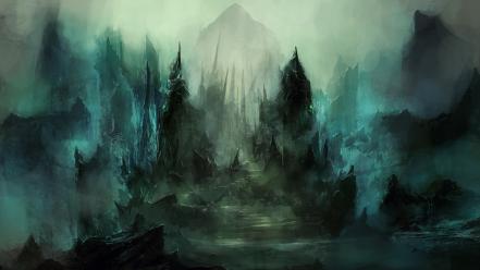 Dark paths fog mist stairways fantasy art tombs wallpaper