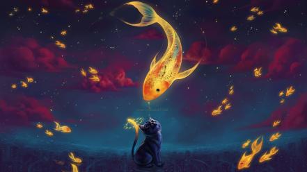 Fish clocks surreal goldfish artwork night sky wallpaper