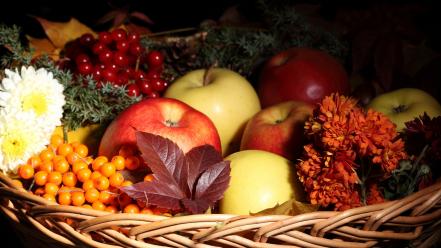 Flowers fruits baskets apples cranberries wallpaper