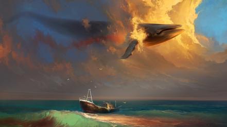 Flying fantasy art whales wallpaper