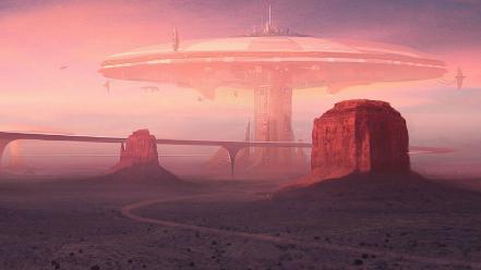 Futuristic desert fantasy art roads science fiction wallpaper