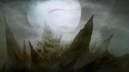 Landscapes moon fog mist flags fantasy art spikes wallpaper