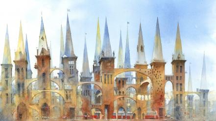 Paintings architecture artwork watercolor arches towers wallpaper