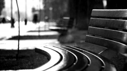 Rain urban bench grayscale blurred background wallpaper