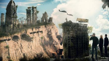 Trains buildings destroyed skies budai bálint survivor wallpaper