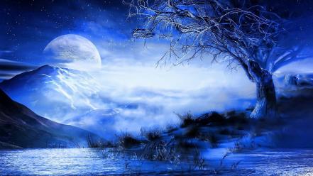 🥇 Blue nature trees night moon fantasy art wallpaper | (122572)