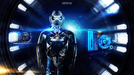 Blue outer space robots futuristic technology infinitum wallpaper