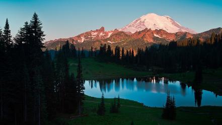 Landscapes nature trees forests lakes snowy peaks wallpaper