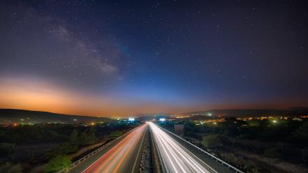 Landscapes night stars roads skies time lapse wallpaper