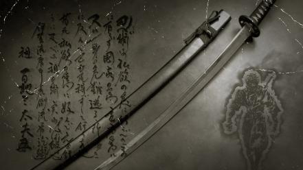 Ninjas katana gray samurai japanese kanji swords inscription wallpaper