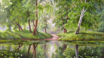 Paintings trees forests rivers wallpaper