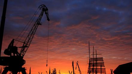 Sunlight cranes harbours burning skies the sky wallpaper