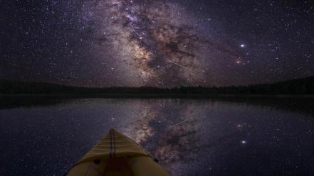 Boats milky way lakes night sky wallpaper