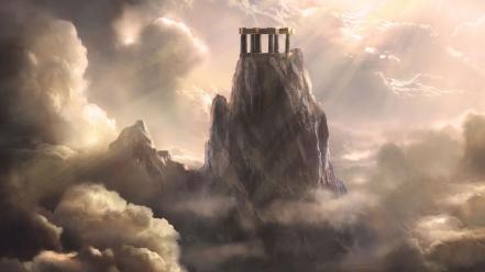 Clouds fantasy art mountains structures wallpaper