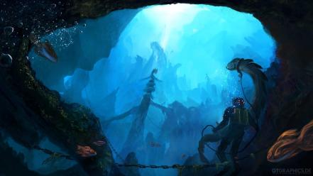 Diver fantasy art creatures artwork underwater world sea wallpaper