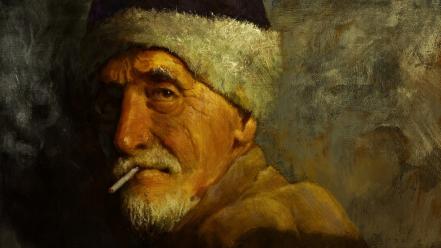 Paintings beard artwork cigarettes hats portraits old man wallpaper